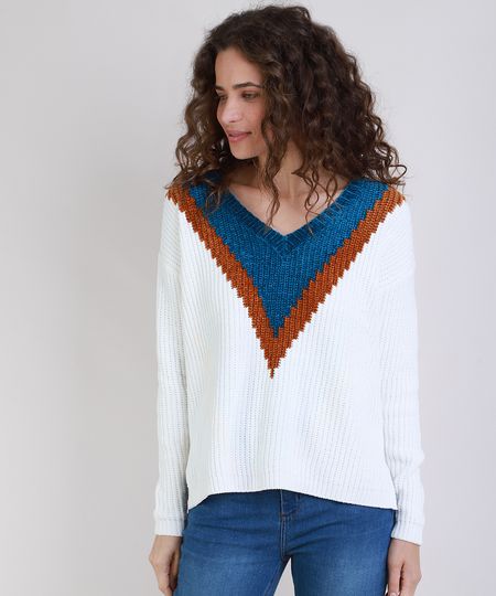Sueter-de-Trico-Chenille-Feminino-Geometrico-Decote-V-Off-White-9806266-Off_White_1