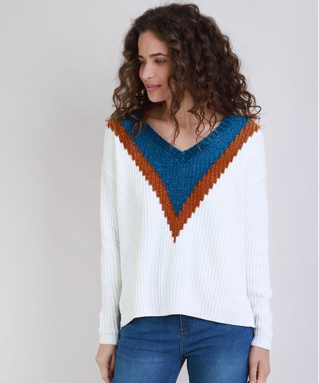 Sueter-de-Trico-Chenille-Feminino-Geometrico-Decote-V-Off-White-9806266-Off_White_1