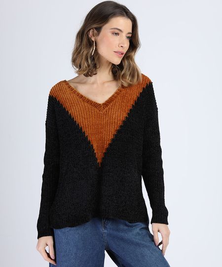 Sueter-de-Trico-Chenille-Feminino-Geometrico-Decote-V-Preto-9806266-Preto_1