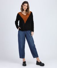 Sueter-de-Trico-Chenille-Feminino-Geometrico-Decote-V-Preto-9806266-Preto_3