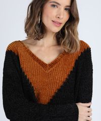 Sueter-de-Trico-Chenille-Feminino-Geometrico-Decote-V-Preto-9806266-Preto_4