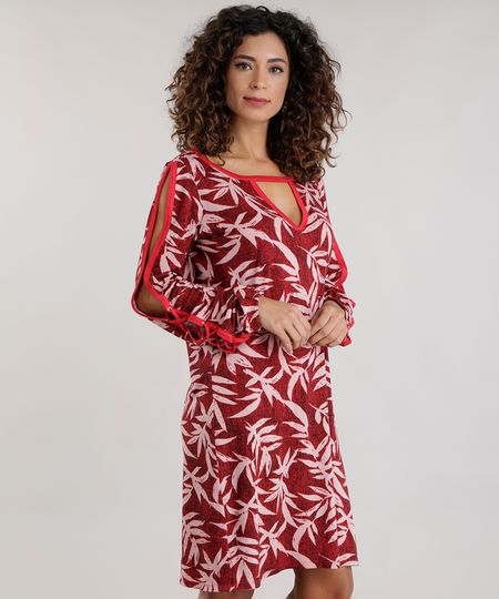 Vestido-Estampado-de-Folhagem-com-Recortes-Vermelho-8715812-Vermelho_1