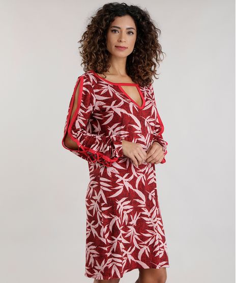 Vestido-Estampado-de-Folhagem-com-Recortes-Vermelho-8715812-Vermelho_1
