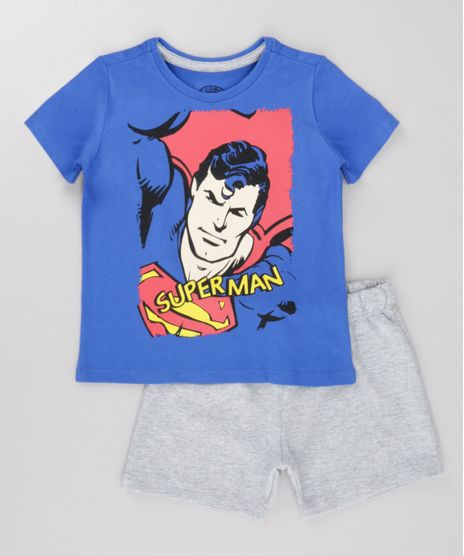 Conjunto-Super-Homem-de-Camiseta-Azul-Royal---Bermuda-em-Moletom-Cinza-Mescla-8702532-Cinza_Mescla_1
