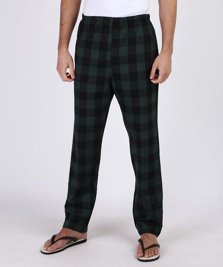 Calca-de-Pijama-Masculina-em-Flanela-Estampada-Xadrez-com-Bolso-Verde-Escuro-9955731-Verde_Escuro_1