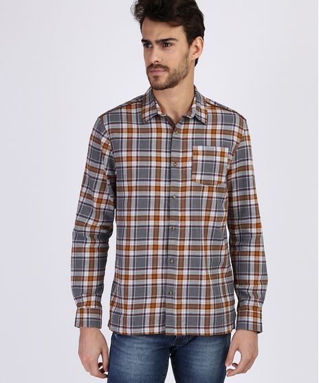 Camisa-Masculina-Estampada-Xadrez-em-Flanela-com-Bolso-Manga-Longa-Marrom-9809545-Marrom_1