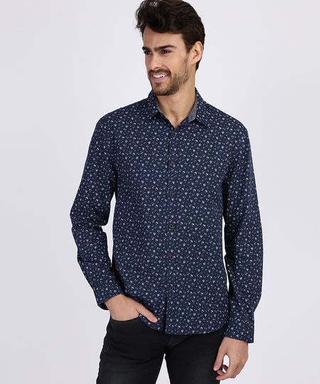 Camisa-Masculina-Mini-Print-Floral-Manga-longa-Azul-Marinho-9809546-Azul_Marinho_1