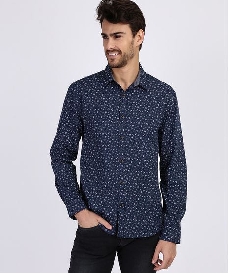 Camisa-Masculina-Mini-Print-Floral-Manga-longa-Azul-Marinho-9809546-Azul_Marinho_1
