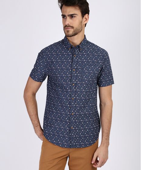 Camisa-Masculina-Mini-Print-Floral-Manga-Curta-Azul-Marinho-9809561-Azul_Marinho_1