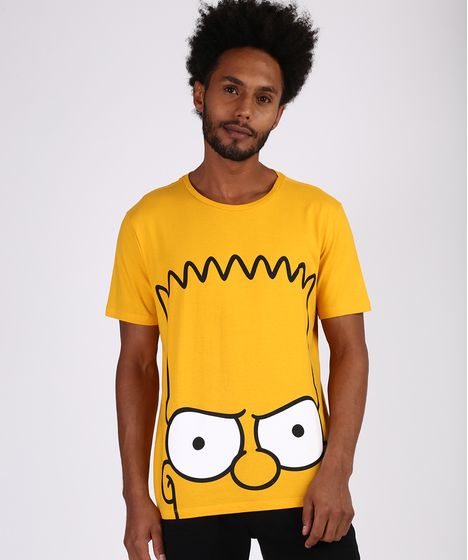 Camiseta Oxer Básica Mescla Raglan Masculina Camiseta Masculina Bart Simpson Manga Curta Gola Careca Amarela Cea