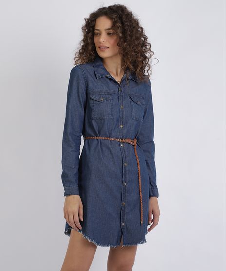 Vestido-Chemise-Jeans-Feminino-Curto-com-Cinto-Manga-Longa-Azul-Escuro-9952223-Azul_Escuro_1