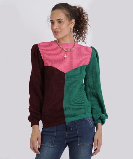 Sueter-de-Trico-Feminino-Tricolor-Manga-Longa-Bufante-Rosa-9954153-Rosa_1