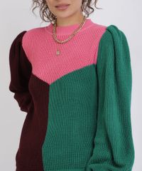 Sueter-de-Trico-Feminino-Tricolor-Manga-Longa-Bufante-Rosa-9954153-Rosa_5