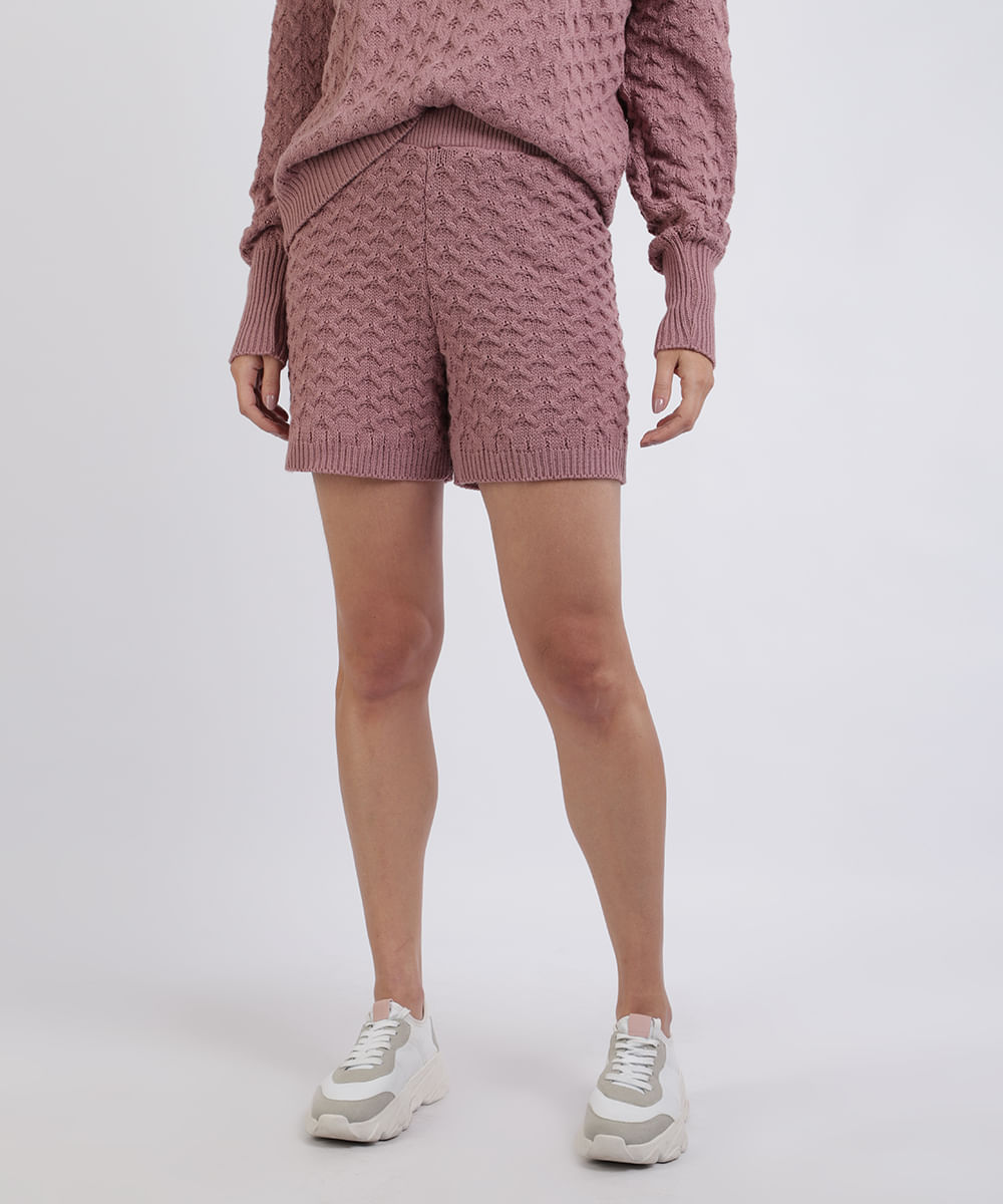 Short Feminino Mindset em Tricô Trabalhado Cintura Média Rosa