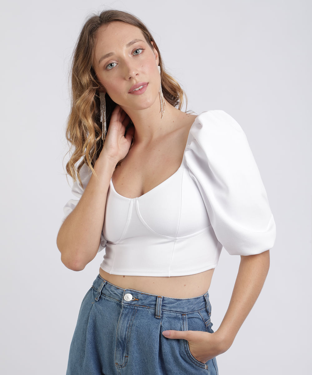 Blusa Feminina Mindset Cropped Manga Curta Bufante Decote Redondo Branca