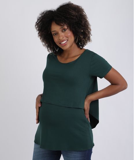 Blusa-Feminina-Gestante-Alongada-com-Sobreposicao-Manga-Curta-Verde-Escuro-9956007-Verde_Escuro_1