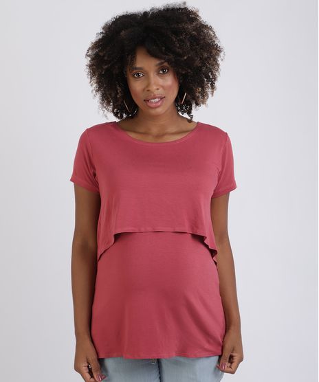 Blusa-Feminina-Gestante-Alongada-com-Sobreposicao-Manga-Curta-Rosa-Escuro-9956014-Rosa_Escuro_1