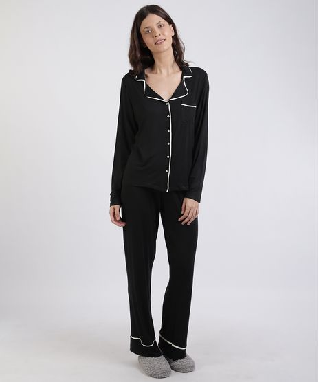 Pijama-Feminino-com-Bolso-e-Vivo-Contrastante-Manga-Longa-Preto-9955962-Preto_1