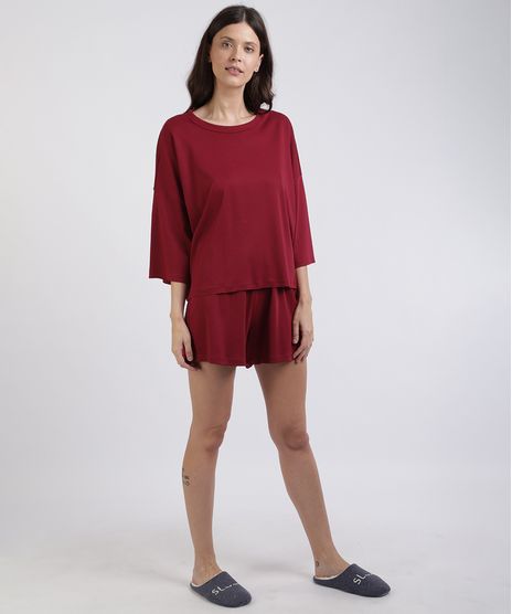 Pijama-Feminino-Manga-7-8-Decote-Redondo-Vermelho-Escuro-9953265-Vermelho_Escuro_1