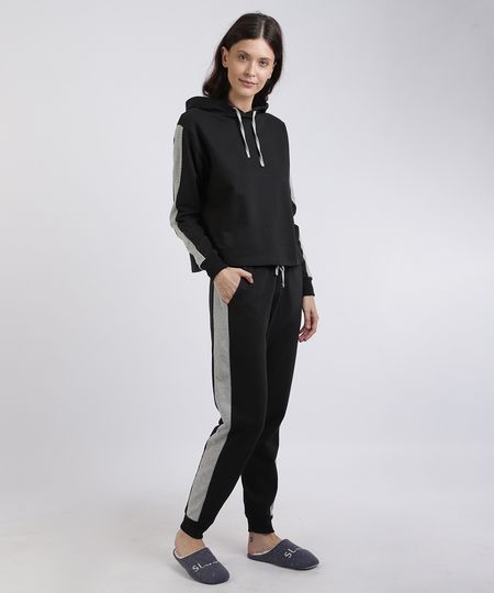 Pijama-de-Moletom-Feminino-com-Faixa-Lateral-Capuz-Manga-Longa-Preto-9953269-Preto_1