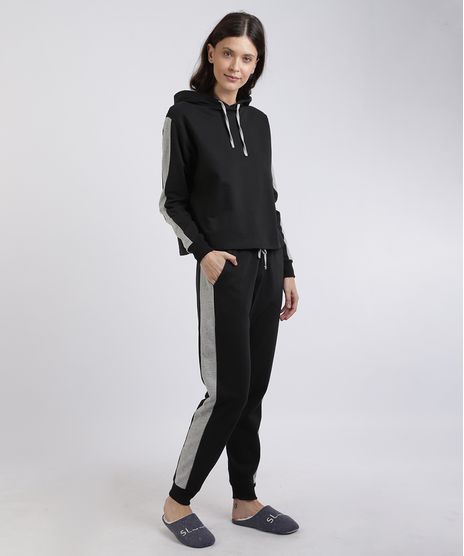 Pijama-de-Moletom-Feminino-com-Faixa-Lateral-Capuz-Manga-Longa-Preto-9953269-Preto_1