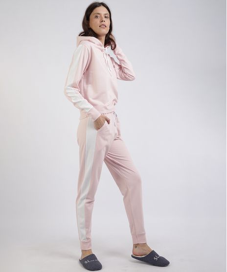 Pijama-de-Moletom-Feminino-com-Faixa-Lateral-Capuz-Manga-Longa-Rosa-9953269-Rosa_1