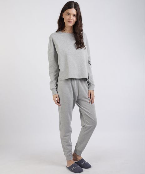 Pijama-de-Moletom-Feminino-com-Faixa-Lateral-Manga-Longa-Cinza-Mescla-9953272-Cinza_Mescla_1