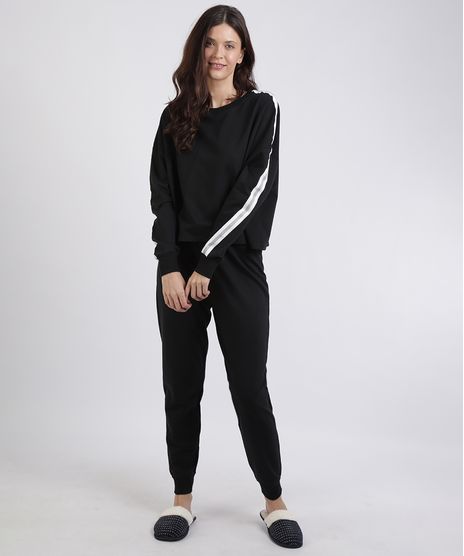 Pijama-de-Moletom-Feminino-com-Faixa-Lateral-Manga-Longa-Preto-9953272-Preto_1