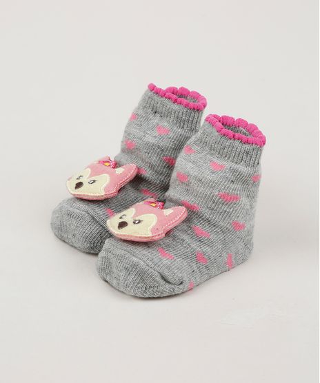 Meia-Infantil-Estampada-de-Coracoes-Cano-Medio-com-Patch-Raposinha-Cinza-Mescla-9954297-Cinza_Mescla_1