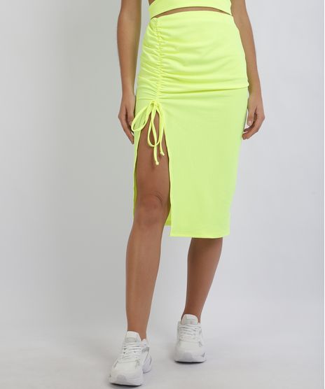 Saia-Feminina-Midi-Canelada-com-Fenda-Profunda-e-Franzido-Amarelo-Neon-9957855-Amarelo_Neon_1
