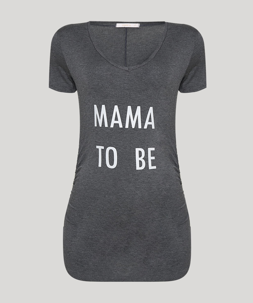 Blusa Feminina "Mama To Be" Franzida Manga Curta Decote Redondo Cinza