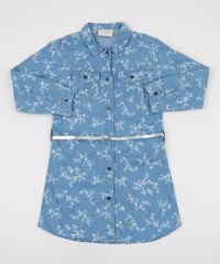 Chemise-Jeans-Infantil-Estampada-Floral-Manga-Longa-com-Cinto-Azul-Claro-9944455-Azul_Claro_1
