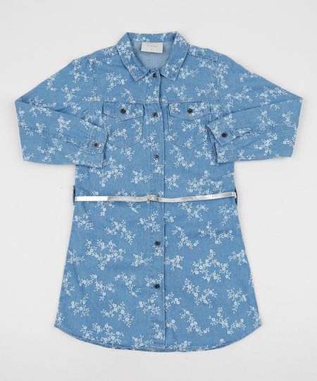 Chemise-Jeans-Infantil-Estampada-Floral-Manga-Longa-com-Cinto-Azul-Claro-9944455-Azul_Claro_1
