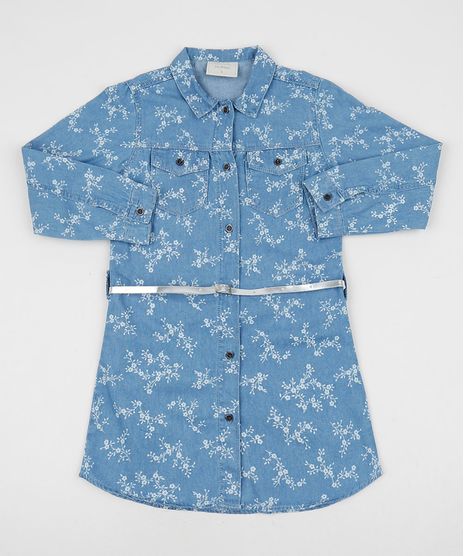 Chemise-Jeans-Infantil-Estampada-Floral-Manga-Longa-com-Cinto-Azul-Claro-9944455-Azul_Claro_1