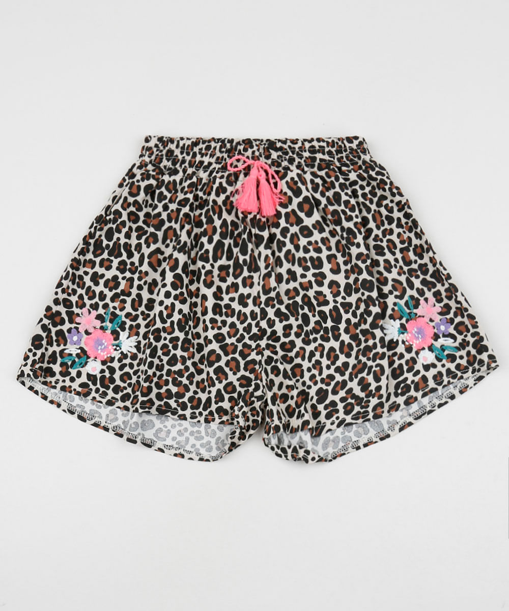 Short Infantil Estampado Animal Print de Onça com Bordado Bege