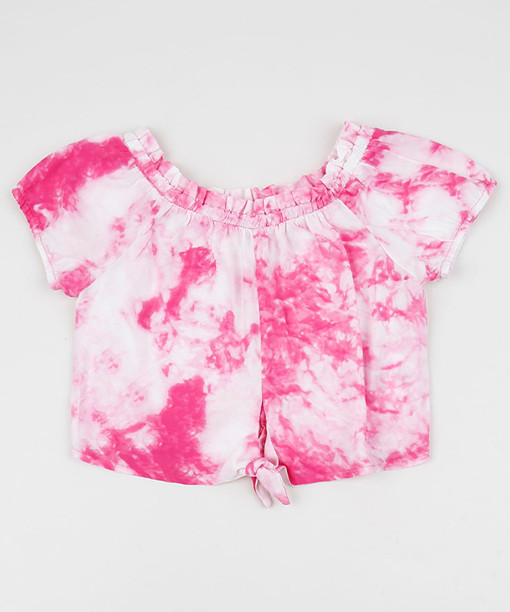 Blusa Juvenil Ombro a Ombro Estampado Tie Dye com Nó Manga Curta Rosa