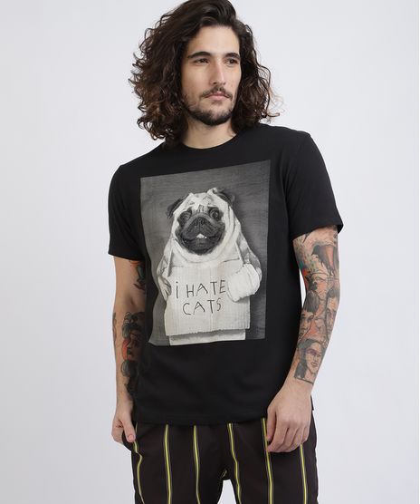 Camiseta-Unissex-Pug--I-Hate-Cats--Manga-Curta-Gola-Careca-Preta-9956859-Preto_1