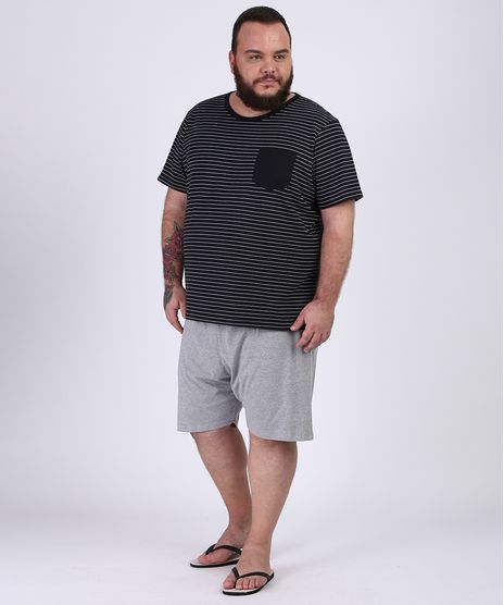 Pijama-Masculino-Plus-Size-Camiseta-Estampada-Listrada-Manga-Curta-Gola-Careca-Preto-9954419-Preto_1