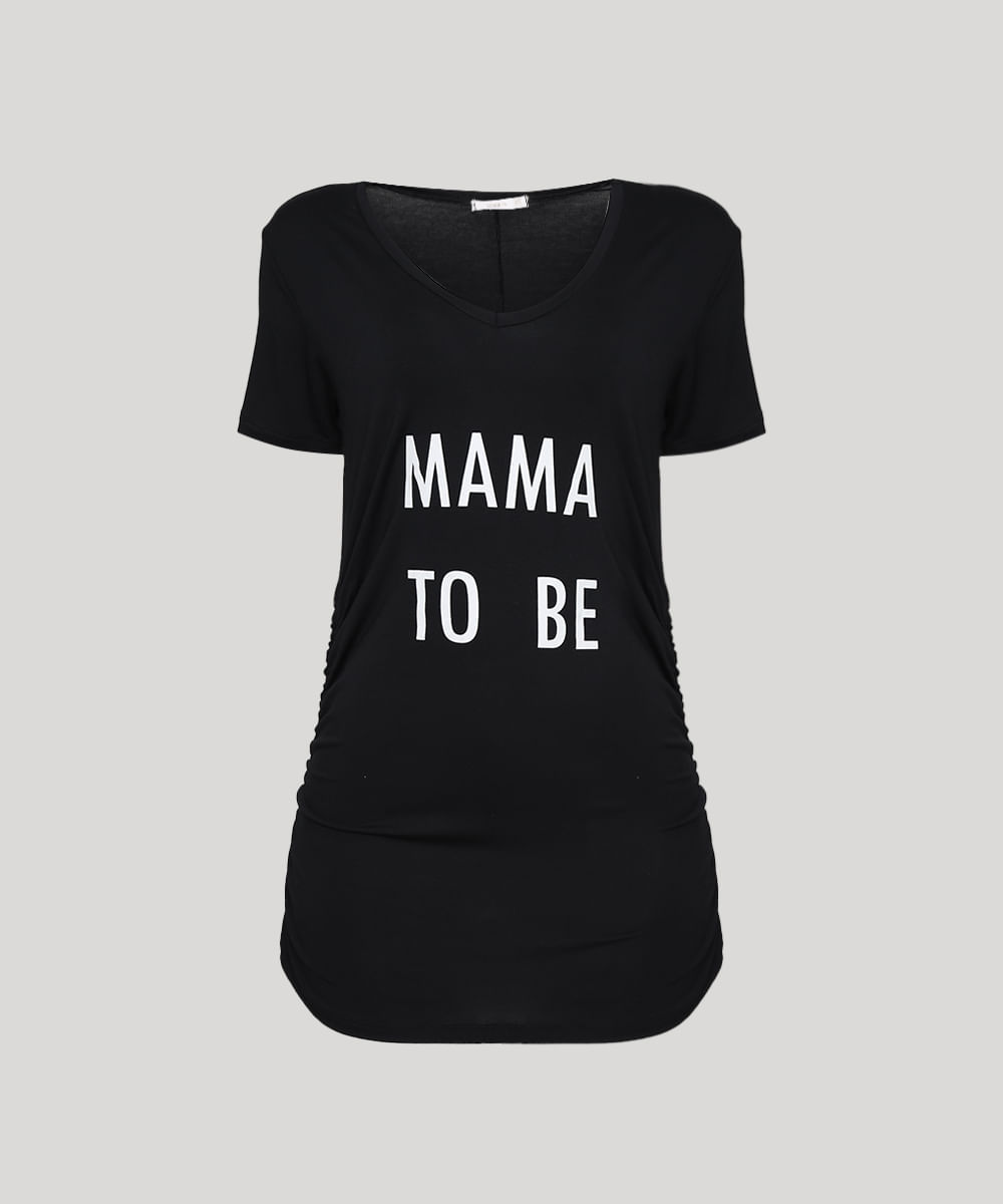 Blusa Feminina "Mama To Be" Franzida Manga Curta Decote Redondo Preta