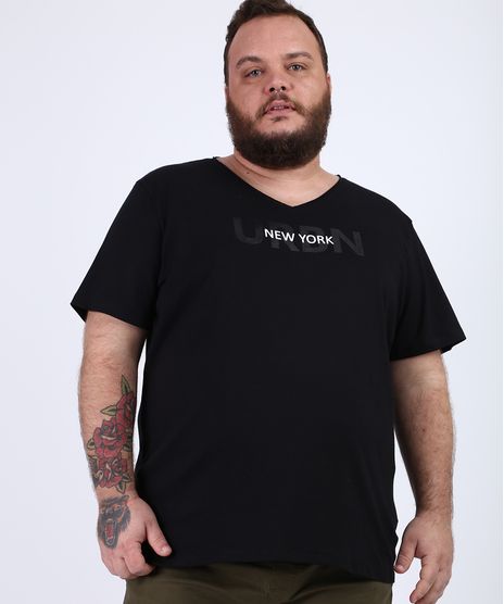 Camiseta-Masculina-Plus-Size--New-York--Manga-Curta-Gola-V-Preta-9956877-Preto_1
