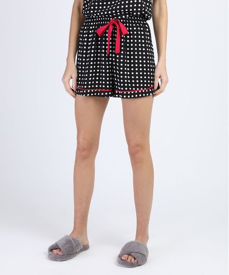 Short-de-Pijama-Estampado-de-Poa-com-Vivo-Contrastante-e-Amarracao-Preto-9962324-Preto_1