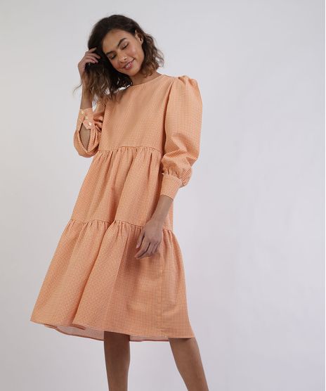 Vestido-Feminino-Mindset-Midi-Estampado-Xadrez-Com-Babado-Manga-Longa-Laranja-9958201-Laranja_1