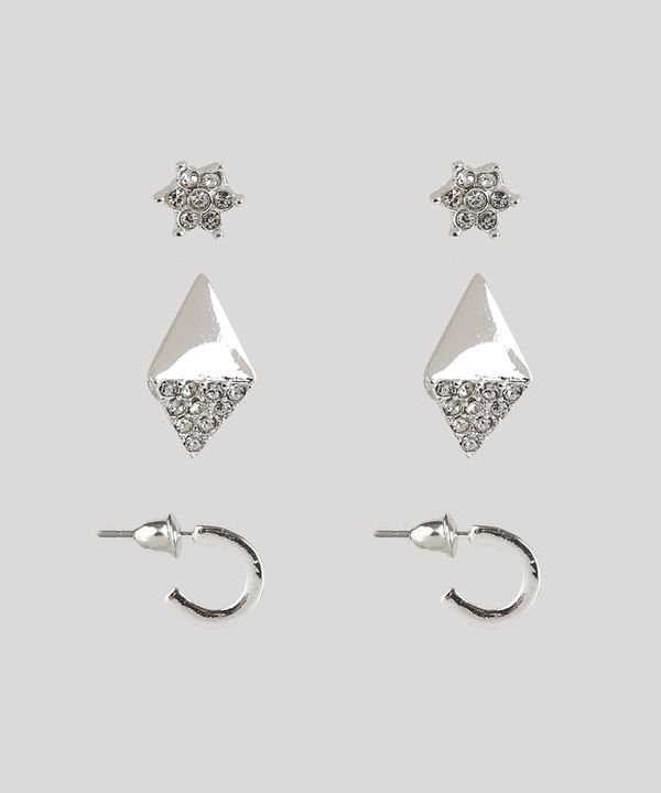 Kit de 3 Brincos Femininos com Strass Prateado Único