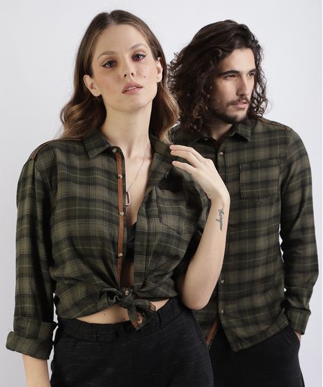 Camisa-Unissex-Estampada-Xadrez-em-Flanela-com-Bolso-Manga-Longa-Verde-9809541-Verde_1
