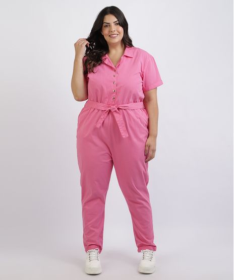 Macacao-Feminino-Plus-Size-Mindset-de-Sarja-Manga-Curta-com-Faixa-para-Amarrar-Rosa-9957646-Rosa_1