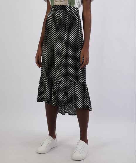 Saia-Feminina-Midi-Estampada-de-Poa-com-Babado-Preta-9952434-Preto_1