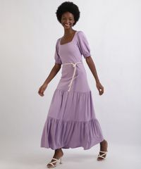 Vestido-Feminino-Longo-Com-Babado-Manga-Curta-Bufante-Decote-Quadrado-Cordao-Para-Amarrar-Lilas-9952624-Lilas_1