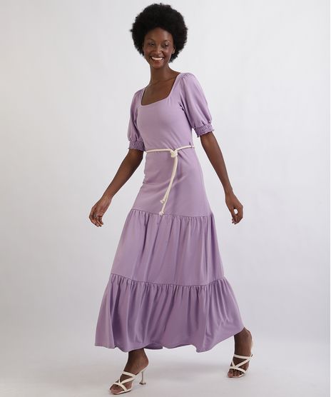 Vestido-Feminino-Longo-Com-Babado-Manga-Curta-Bufante-Decote-Quadrado-Cordao-Para-Amarrar-Lilas-9952624-Lilas_1