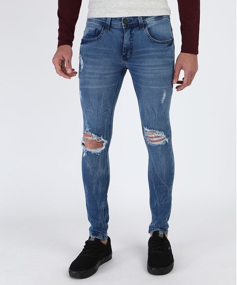 Calca-Jeans-Masculina-Super-Skinny-Destroyed-com-Bolsos-Azul-Medio-9948768-Azul_Medio_1