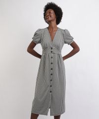 Vestido-Feminino-Midi-Estampado-Xadrez-com-Botoes-Manga-Curta-Bufante-Decote-V--Preto-9957169-Preto_1